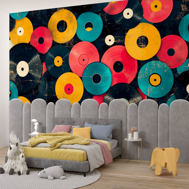 Vinyl records wallpaper creating a musical atmosphere in a modern living room with black accent wall