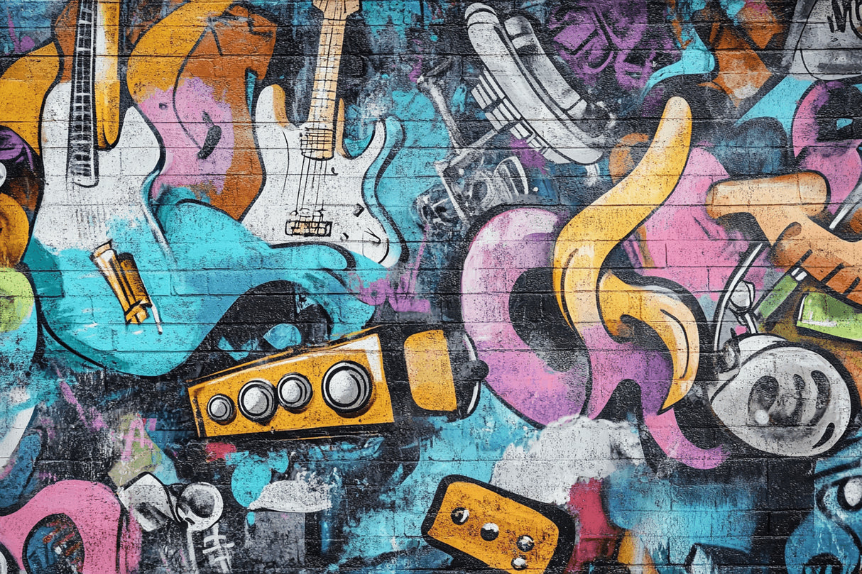 Design file showing detailed urban graffiti pattern with musical instruments and street art elements