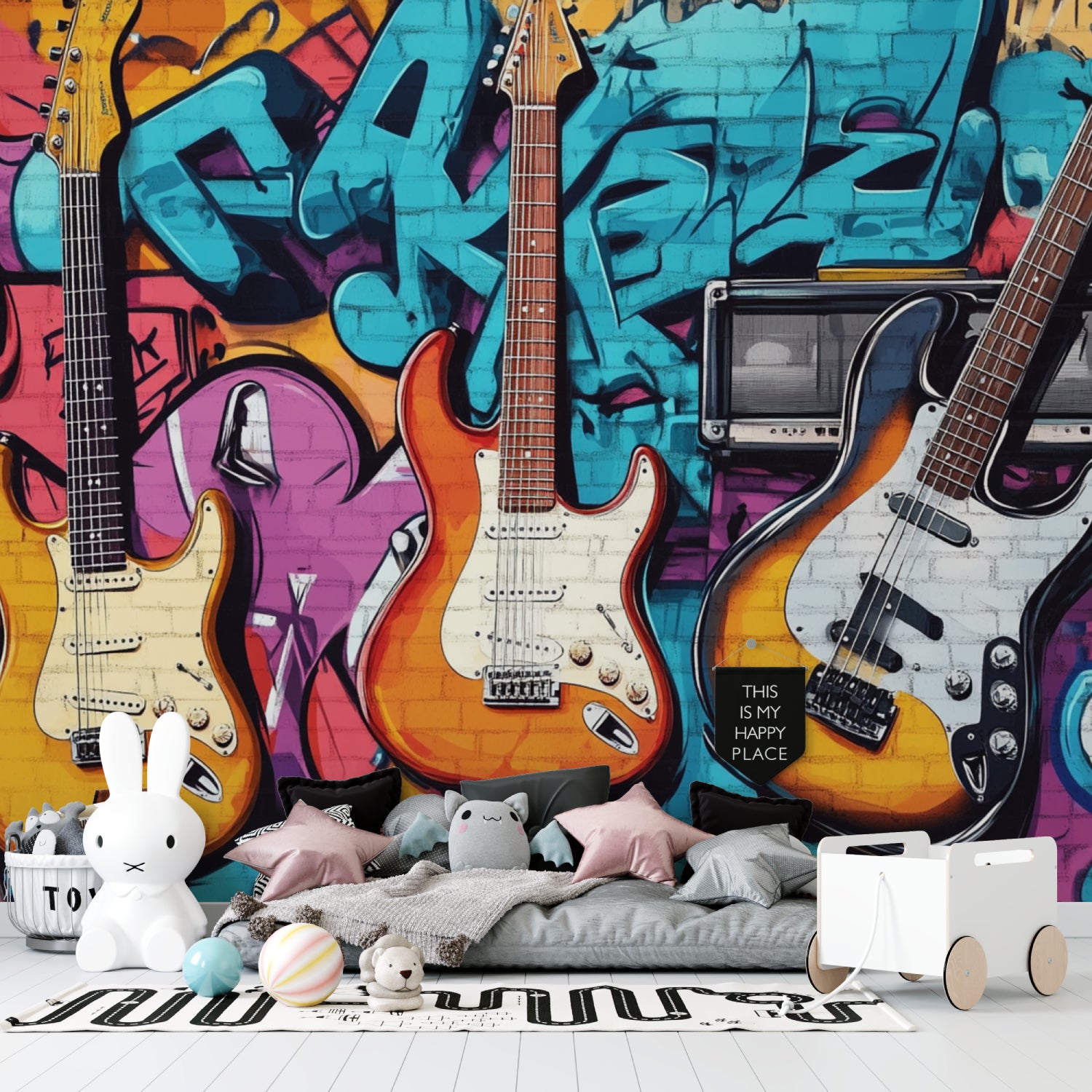 Urban graffiti guitar mural creating atmosphere in a music studio space