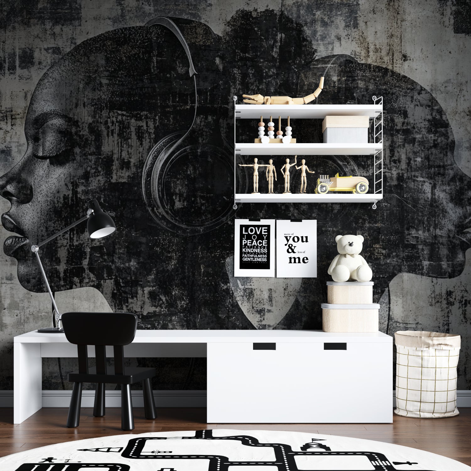 Urban headphones wall mural creating focal point in teen bedroom with gaming setup
