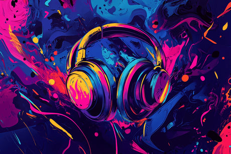 Design file of street art headphones pattern with vibrant color splashes