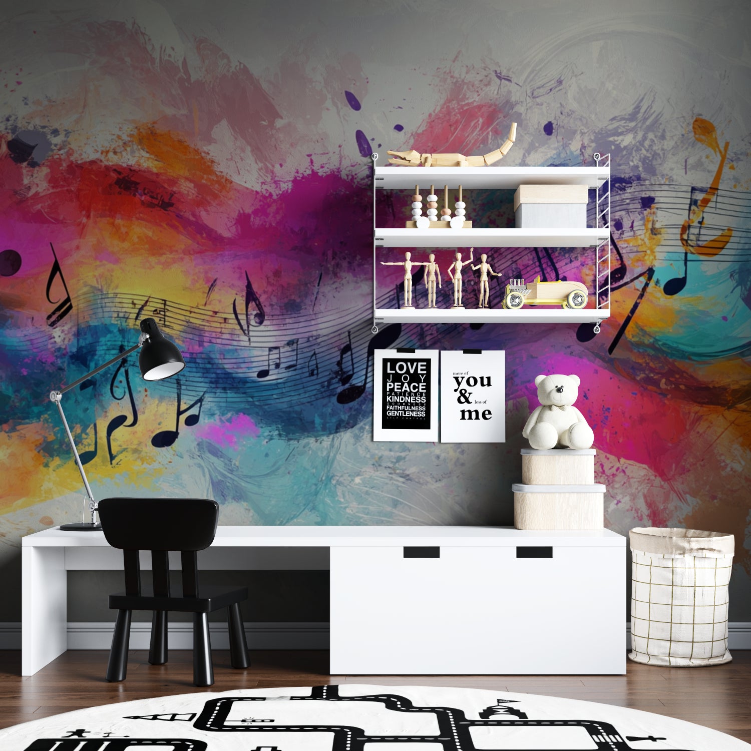 Creative space with musical wallpaper showing floating notes and color splashes