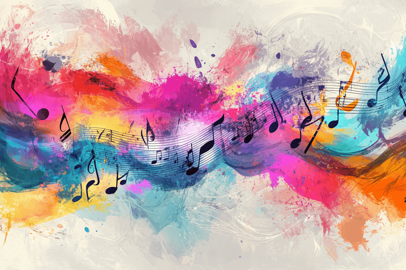 Musical notes wallpaper design file showing vibrant watercolor pattern and flowing notes