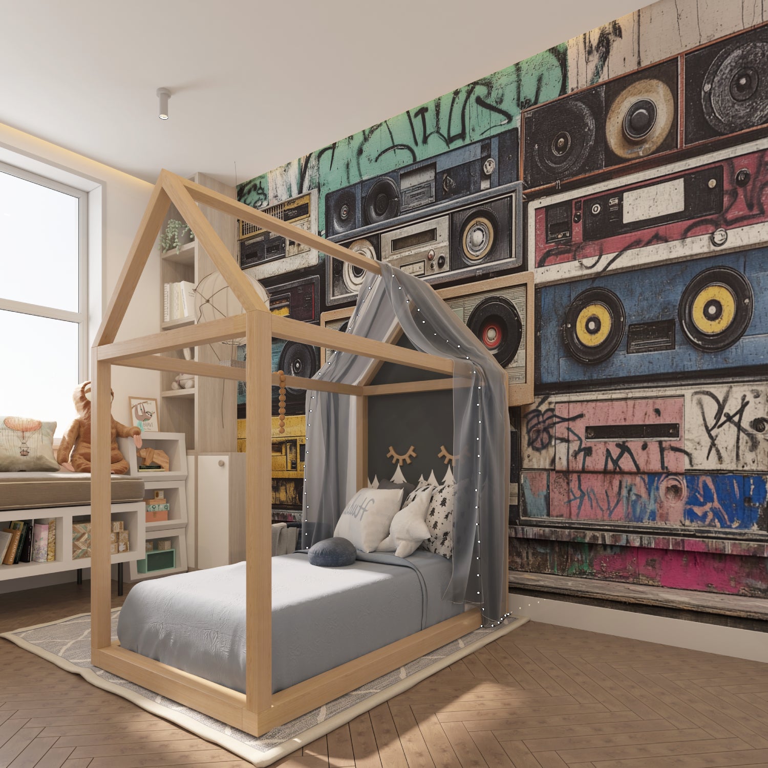 Music studio featuring vintage boombox wall mural with urban street art elements
