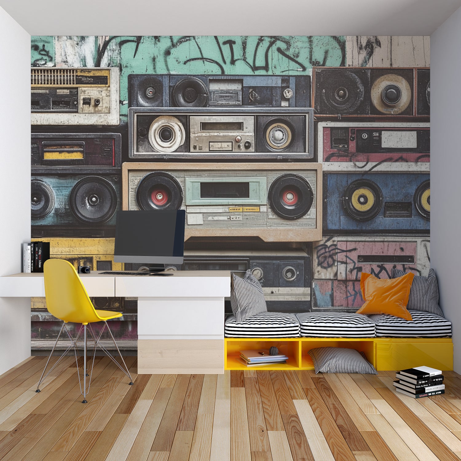 Record store display with vintage music equipment wallpaper installation