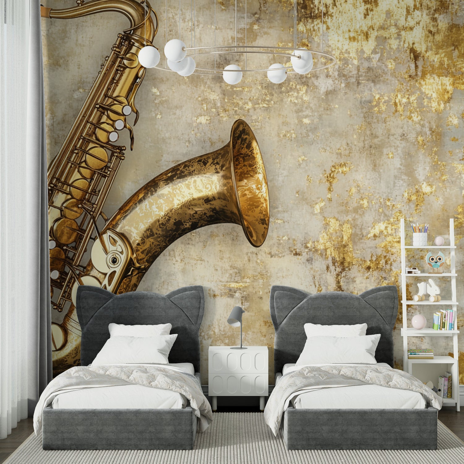 Saxophone wall mural adding elegance to music studio setting