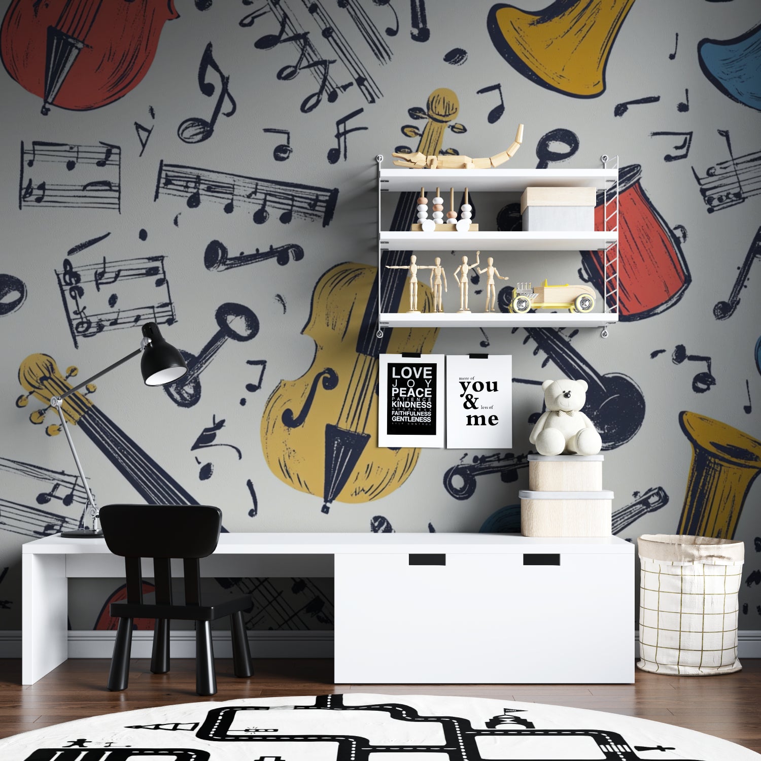 Music theme wall mural featured in teenage bedroom with instruments design