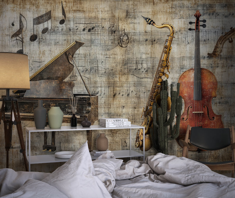 Music note wallpaper enhancing an elegant home office setting