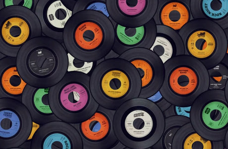 Vintage vinyl records wallpaper design file showing detailed record labels and authentic textures