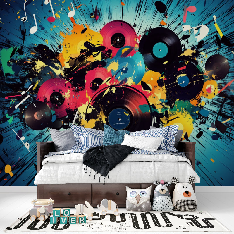 Vinyl records wallpaper installed in a teen bedroom showing dynamic record designs