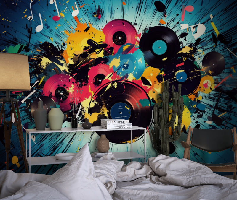Music themed wall mural displayed in a recording studio with artistic record patterns