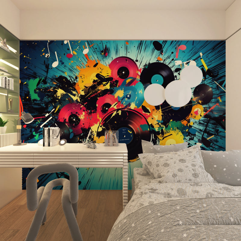 Record wallpaper design showcased in a modern home office with creative atmosphere
