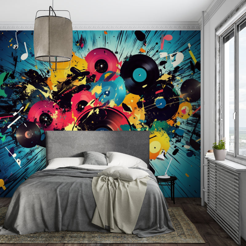 Music wallpaper installation in a game room highlighting the explosion of colors