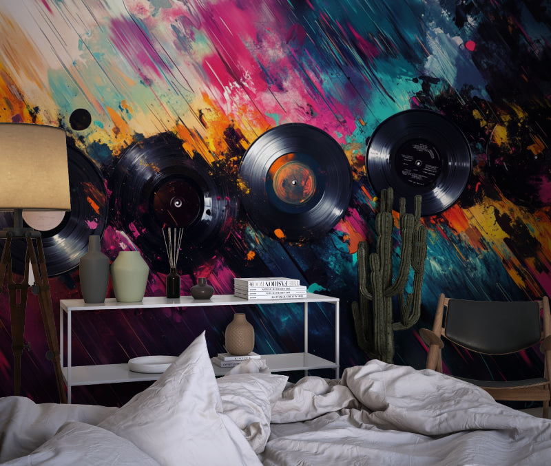 Restaurant wall featuring music-themed mural with dynamic vinyl record design