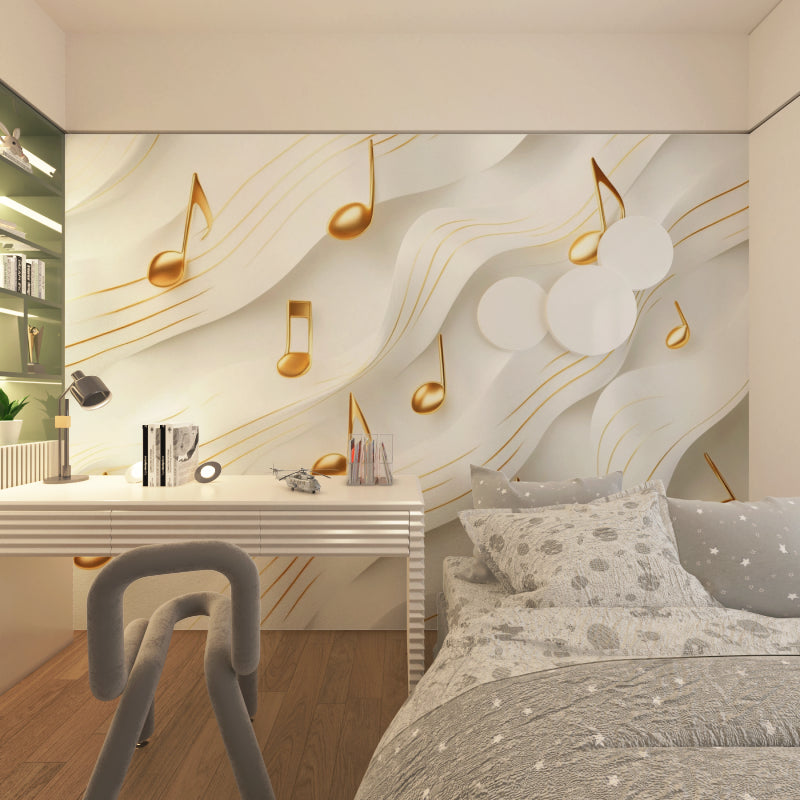 Musical notes wallpaper creating depth in a modern living room with white furniture and gold accents