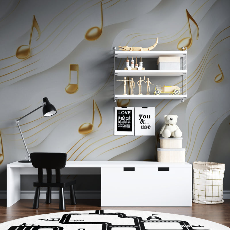 Music themed wall mural in a teenage bedroom showing golden notes flowing across white walls