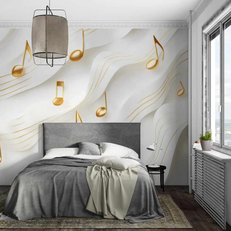 Gold music notes wallpaper bringing life to a music room with piano and acoustic panels