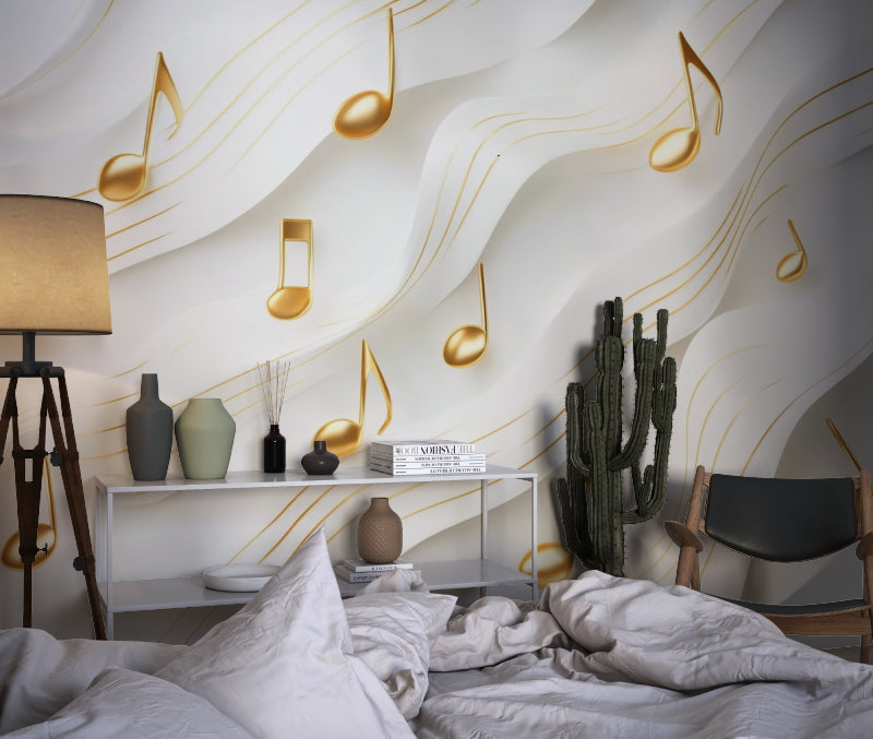 Musical wallpaper design brightening up a home office space with minimal decor