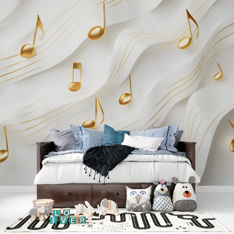Music note wall mural creating flow in a modern dining room with gold lighting