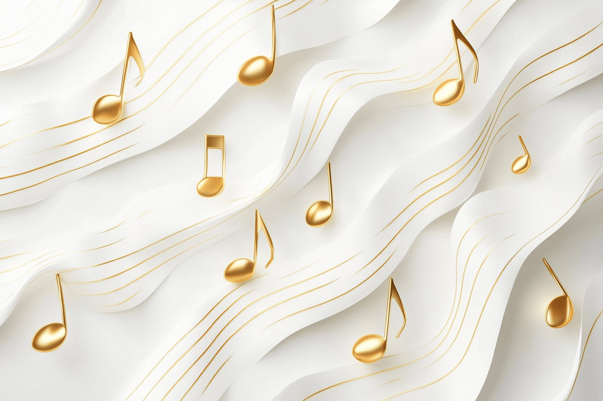 Musical notes wallpaper design file showing golden symphony pattern on white background