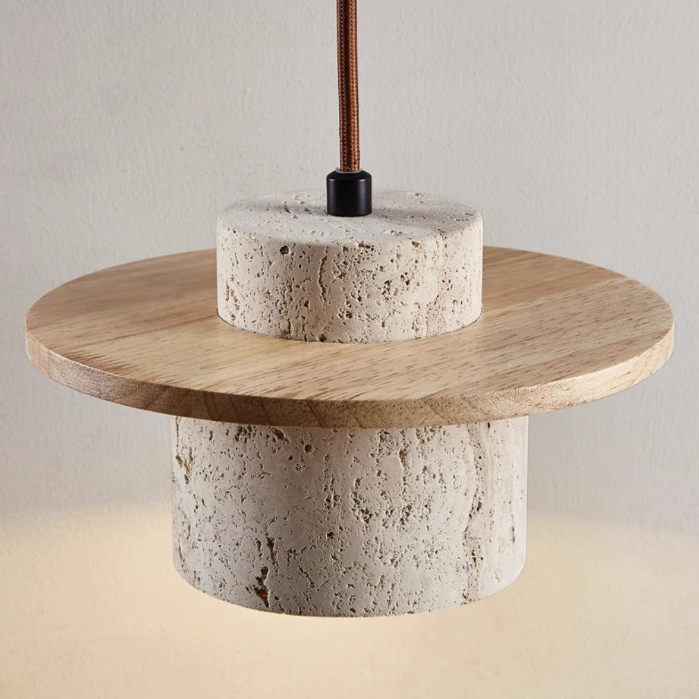 Modern Travertine Pendant Light  Natural Wood Accent Shade - Product detail 4