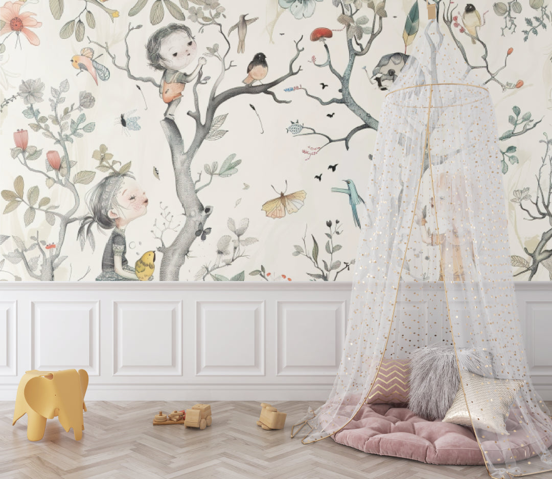 Magical Forest Kids Wallpaper in bright nursery with white furniture showing whimsical woodland scene