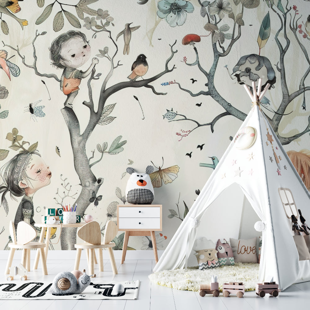 Nature Kids Wall Mural in cozy reading nook with soft lighting and cushions