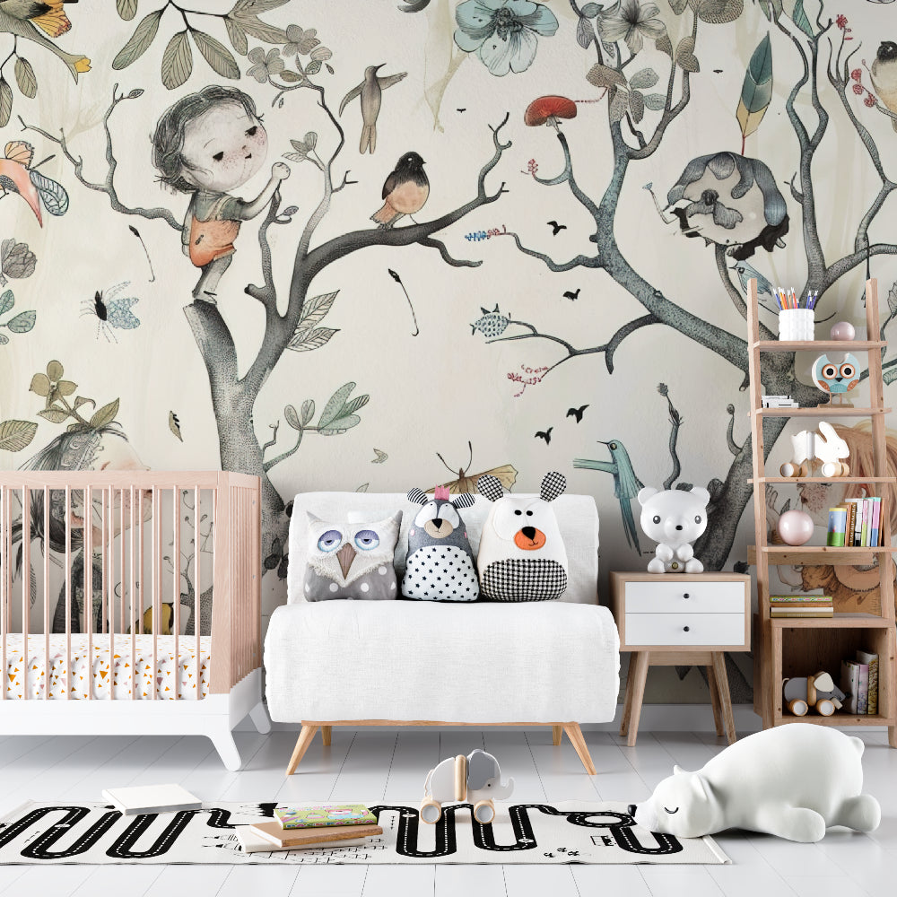 Forest Adventure Mural in minimalist children's bedroom with natural decor