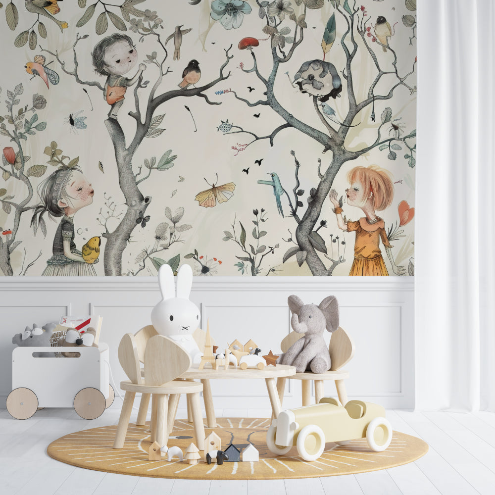 Whimsical Kids Wallpaper styled in Scandinavian nursery with wooden accents