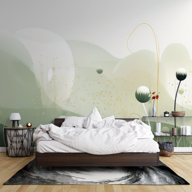Green and gold abstract wallpaper in modern living room creating a peaceful atmosphere