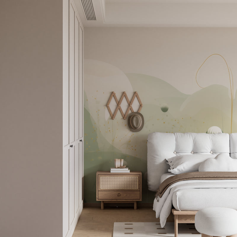 Abstract nature wallpaper with gold accents in master bedroom setting