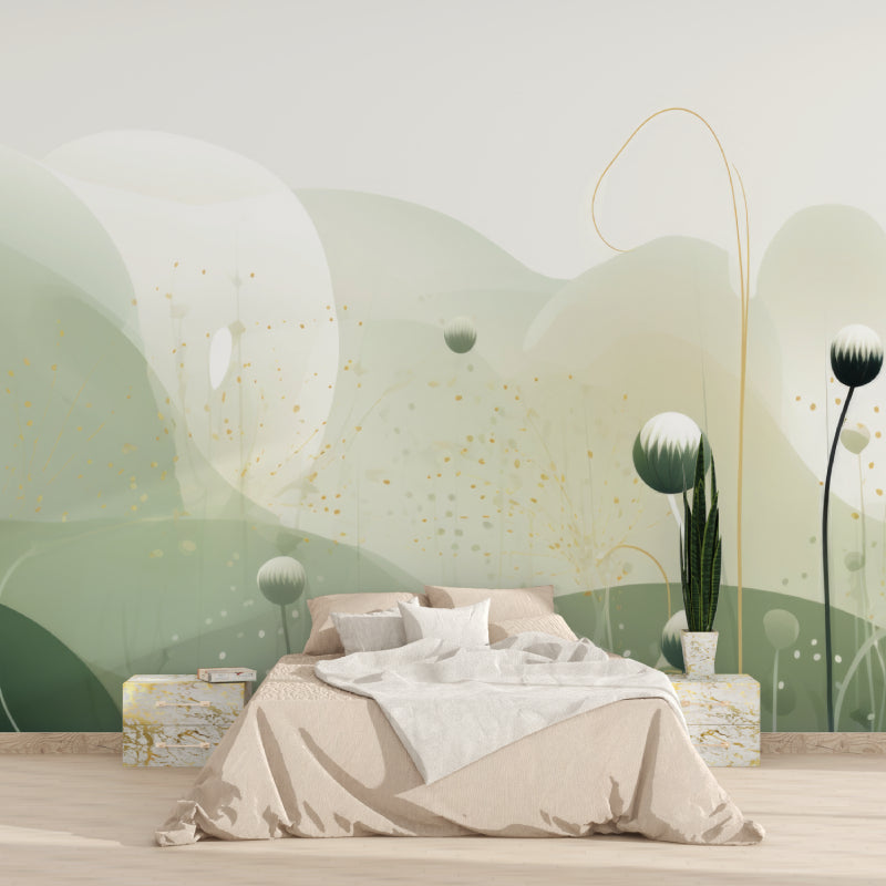 Watercolor green wallpaper showcased in minimal dining room