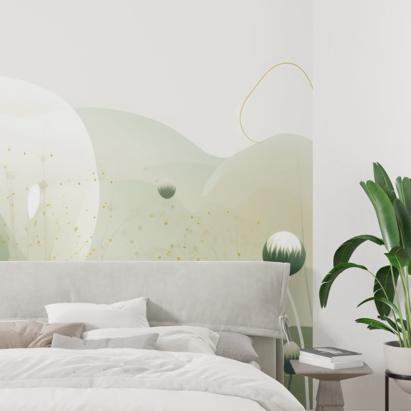 Green abstract wall mural bringing nature vibes to home office
