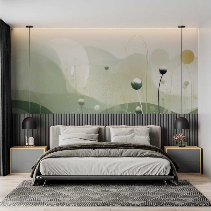 Nature-inspired green and gold wallpaper in yoga studio setting