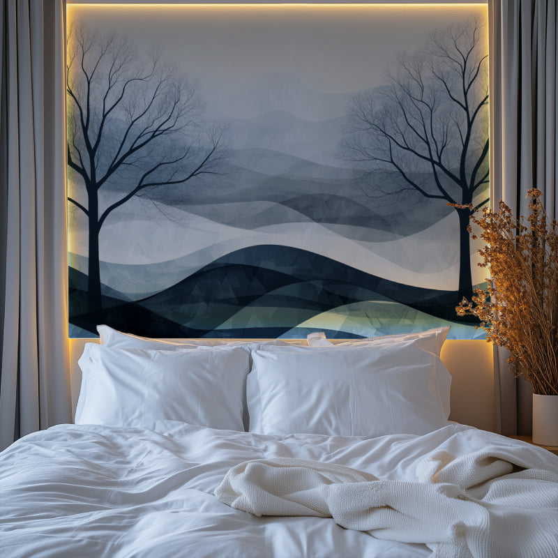 Abstract tree wallpaper creating depth in a modern living room with grey sofa and natural light