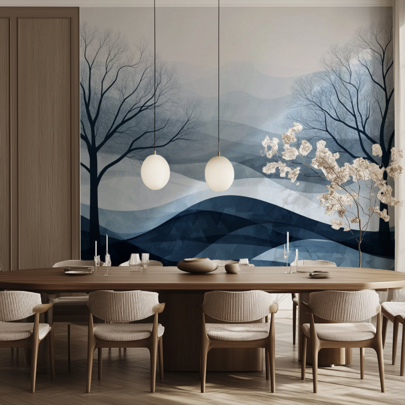 Nature wall mural with waves and trees bringing serenity to a minimal bedroom setting