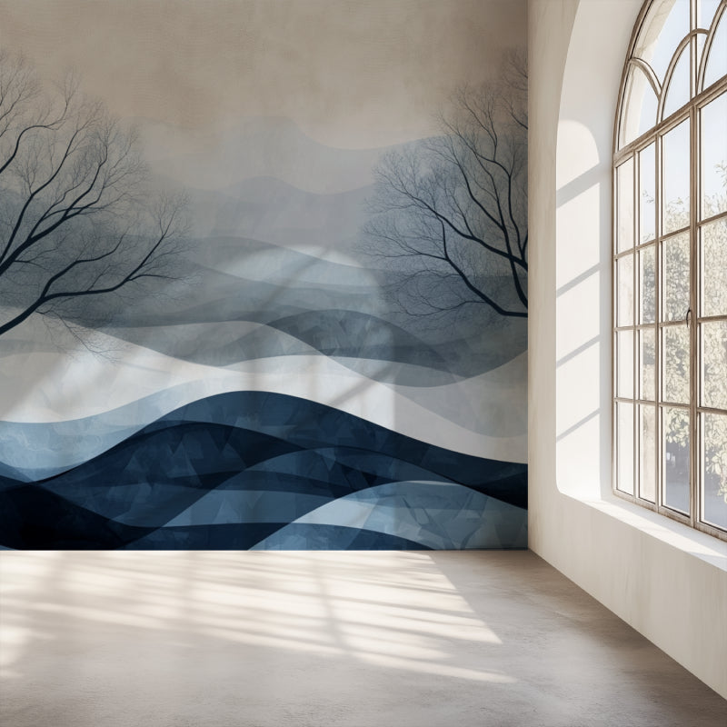 Tree silhouette wallpaper adding character to an entrance hallway