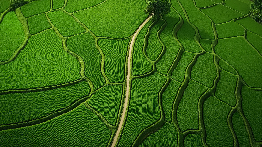Nature wall mural with aerial rice terraces pattern shown in a modern living room, creating a striking green accent wall
