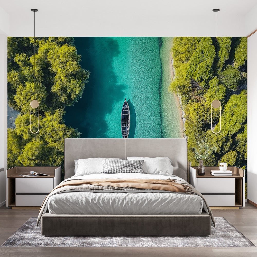 Aerial river wallpaper creating a stunning statement wall in a modern living room with white furniture and natural light