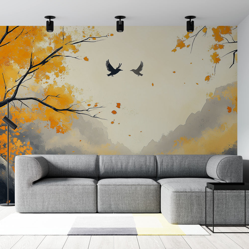Autumn forest wallpaper with flying birds creating depth in a modern living room with gray sofa and natural light