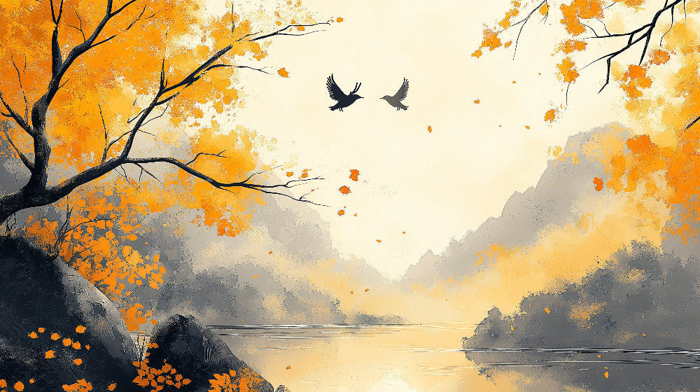 Autumn forest wall mural design file showing detailed golden trees and birds against misty mountains