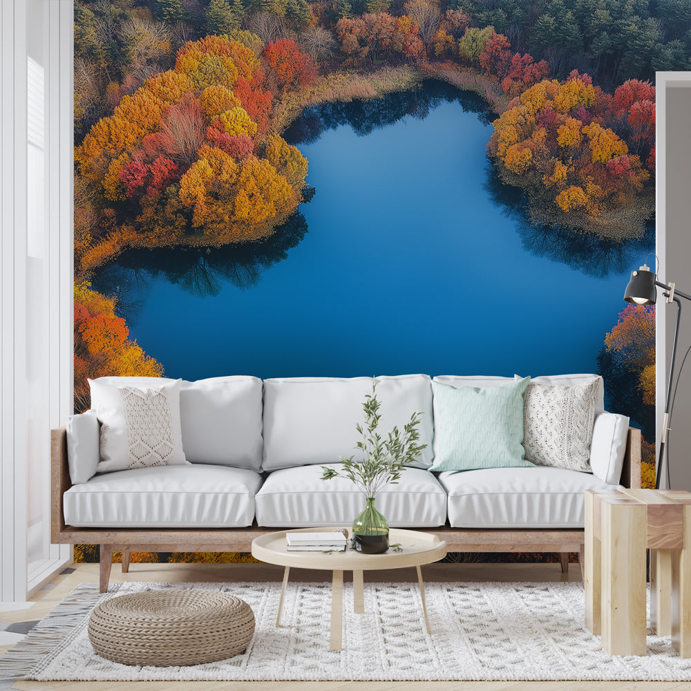 Lake view nature wallpaper in modern living room, showing autumn colors reflected in still waters