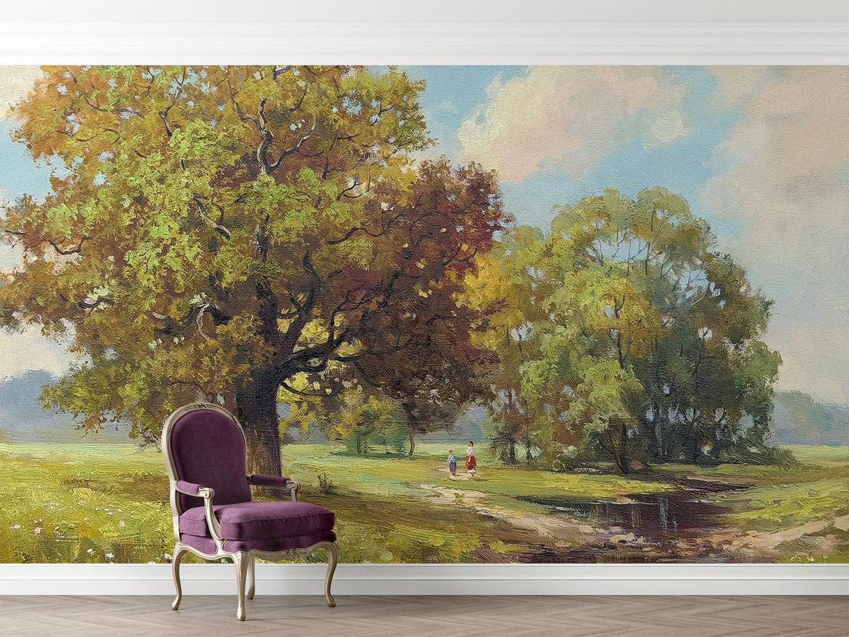 Landscape Mural Wallpaper in modern living room showing oak tree scene with autumn colors