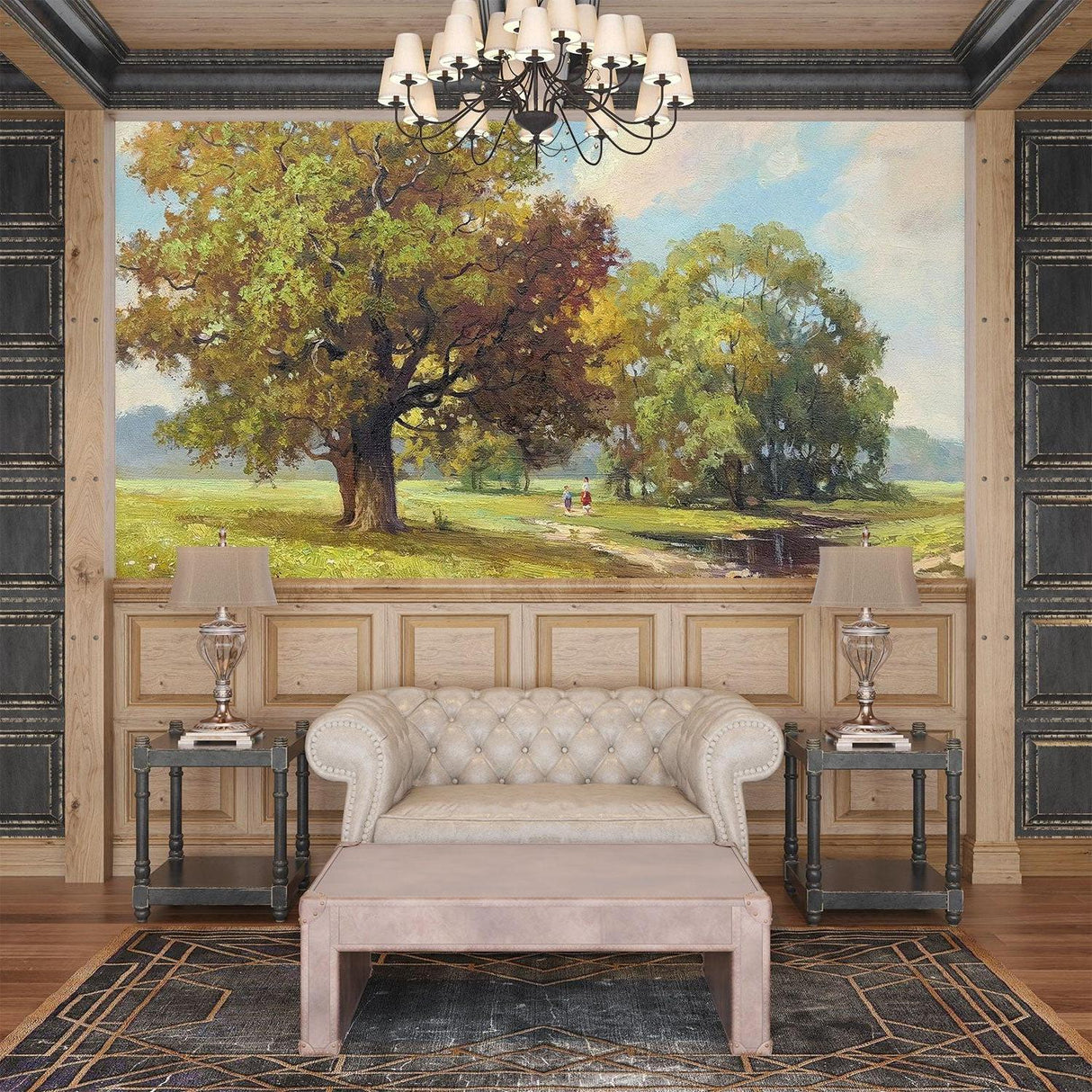 Nature Wall Mural in dining room with oak tree view creating depth