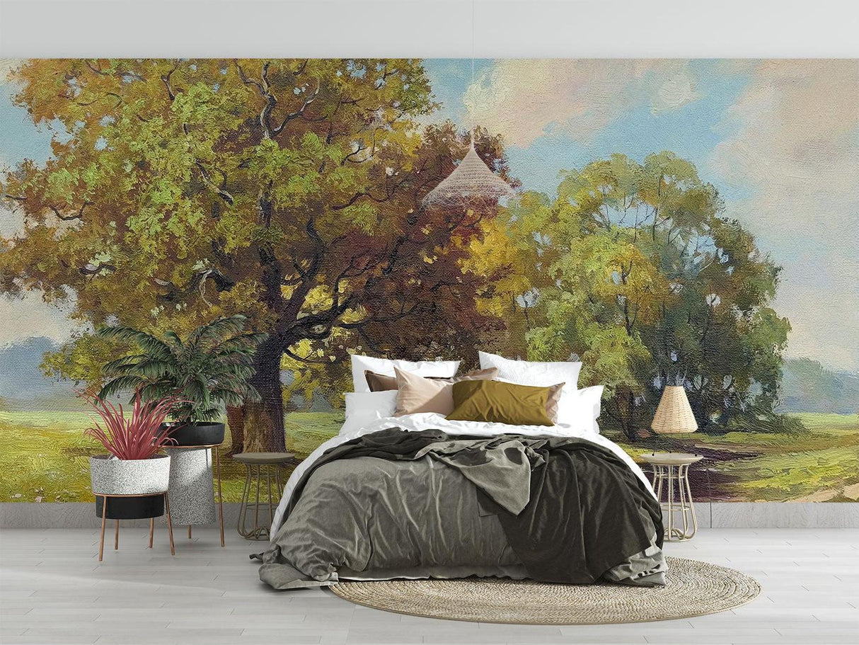 Oak Tree Wallpaper Mural in bedroom showing peaceful countryside scene