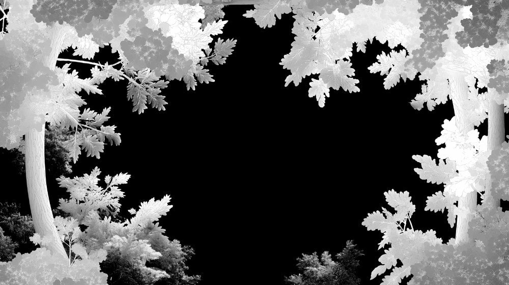 Black and white botanical wallpaper design file showing detailed leaf silhouette pattern