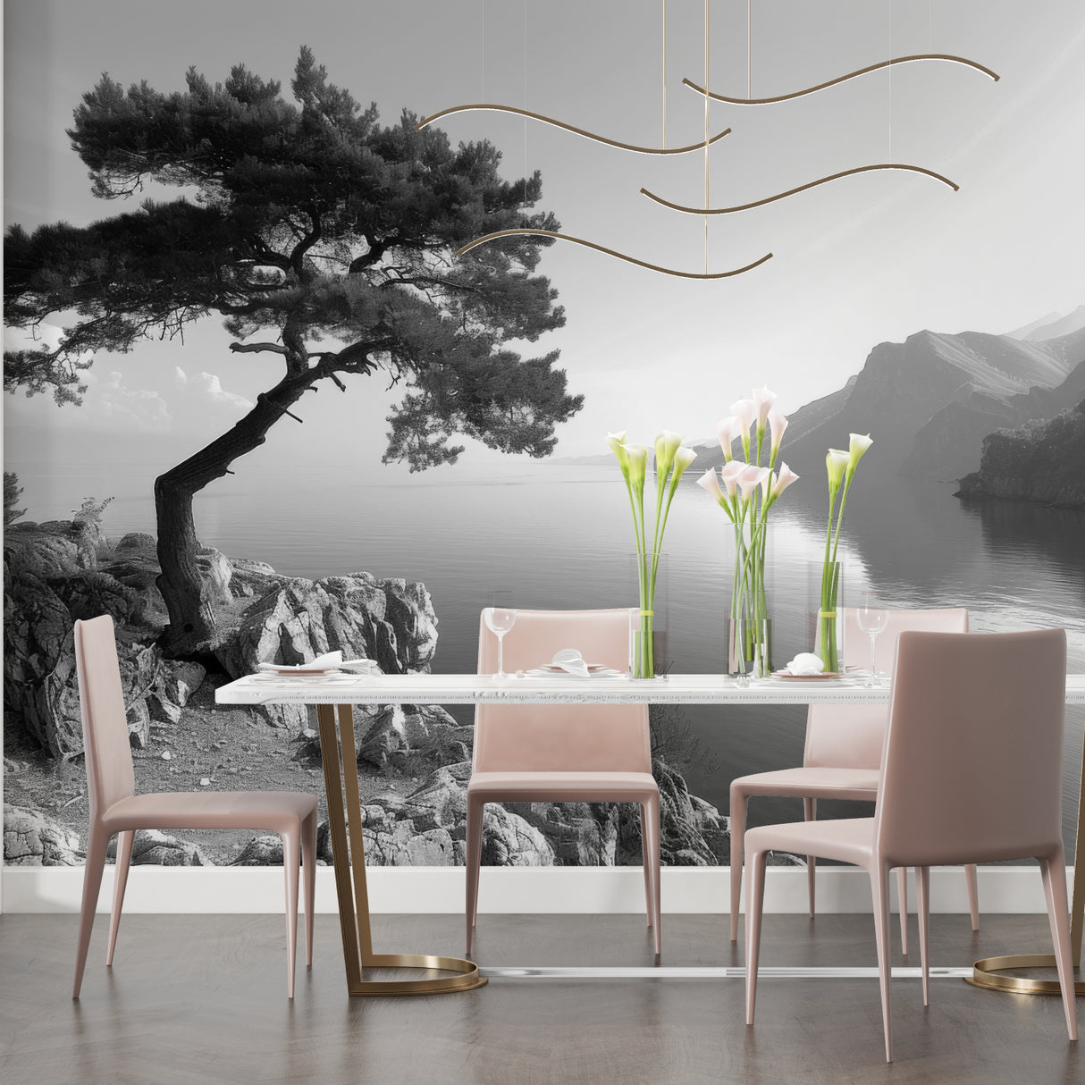 Black and white mountain lake wallpaper creating depth in modern living room with minimal furniture