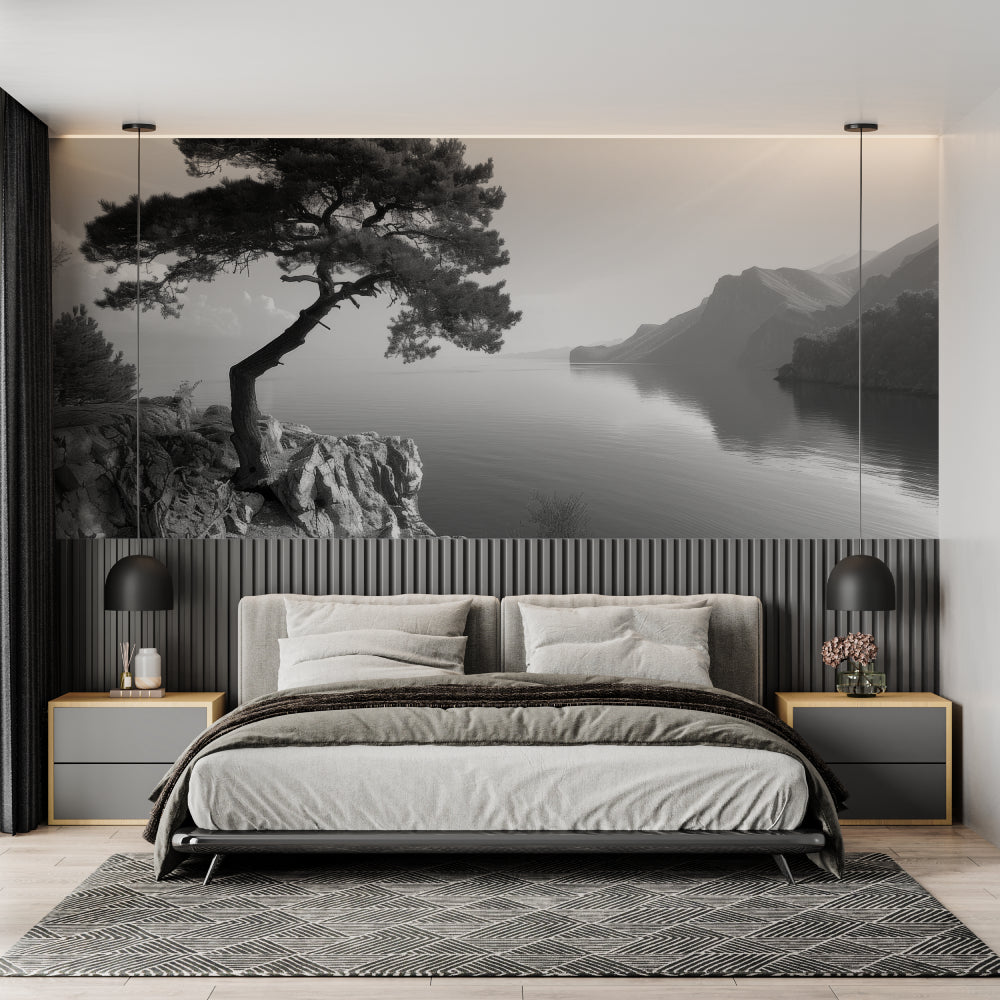 Nature wall mural in master bedroom showing dramatic mountain lake scene in grayscale