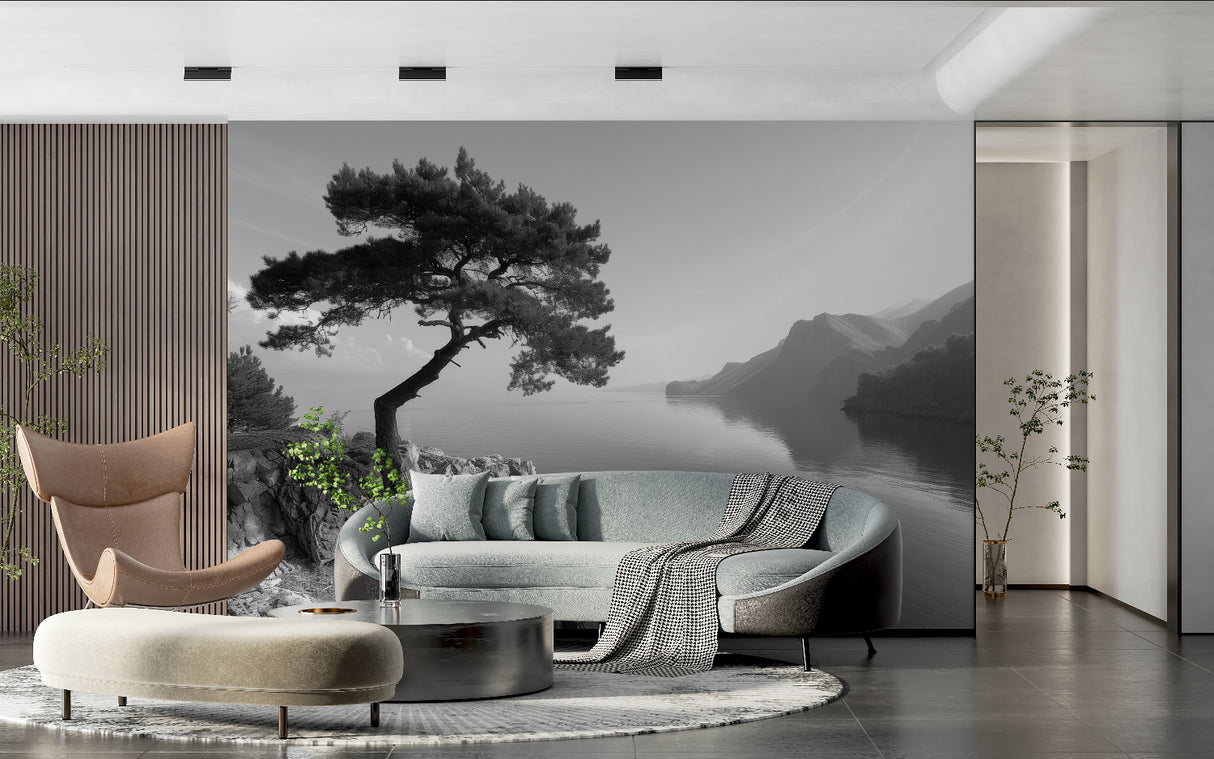 Black and white landscape mural adding sophistication to home office with lake view