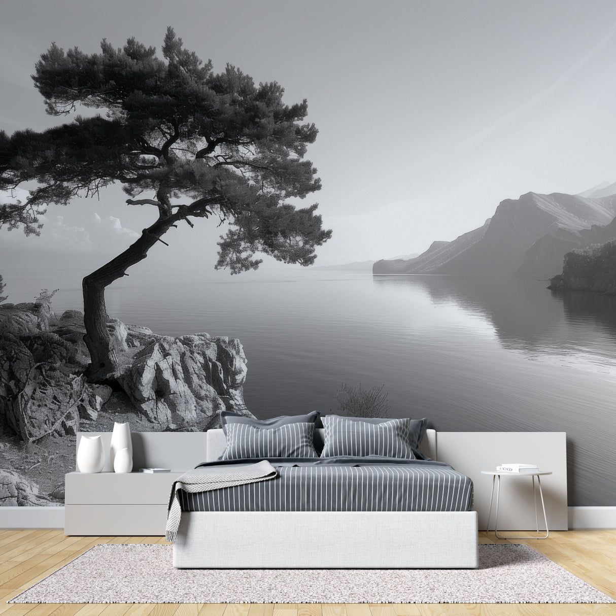 Mountain scenery wallpaper creating focal point in dining room with monochrome theme